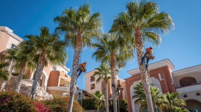 Workers Trimming Palm Trees at Tropical Resort Property