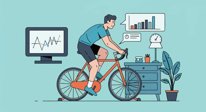 Flat vector illustration of a man riding a road bike on a stationary indoor trainer at home with performance data graphs and fitness metrics displayed on screens for virtual cycling.
