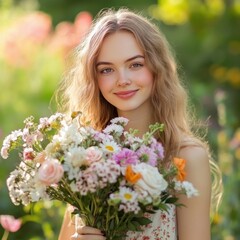 Naklejka premium Young Woman Holding a Colorful Bouquet of Flowers in a Garden