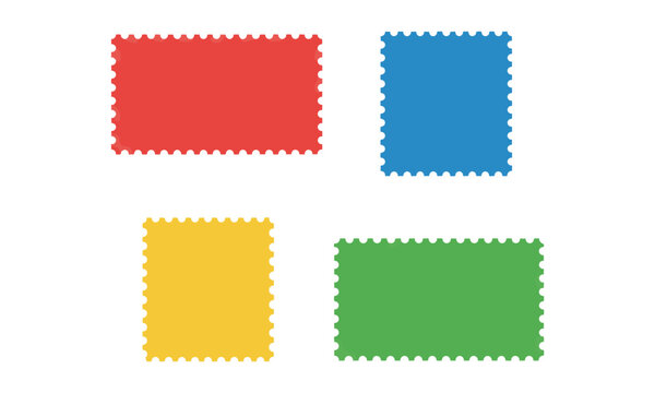 Set of four blank postage stamp frames with scalloped edges in varied rectangular and square aspect ratios arranged on a white background minimalist design concept