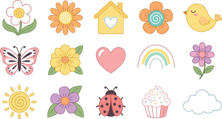 Cute spring icons set with flowers, butterfly, bird, rainbow and cupcake, pastel cartoon elements collection for kids design and nursery decoration vector illustration © jafrine
