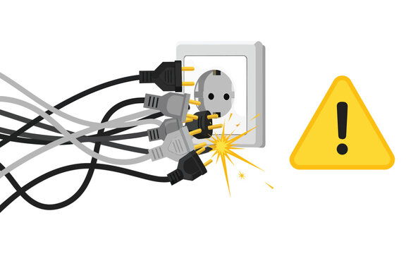 Overloaded electrical socket with multiple plugs sparking.