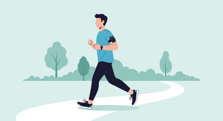 Fototapeta premium Flat vector illustration of a male runner jogging in a public park on a white path, wearing athletic clothing, a smartwatch, and an arm band phone holder for exercise.