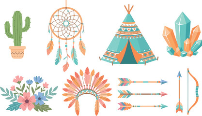 Boho style elements set with dreamcatcher, teepee, feathers and crystals, tribal decorative collection in pastel colors for ethnic design vector illustration © jafrine