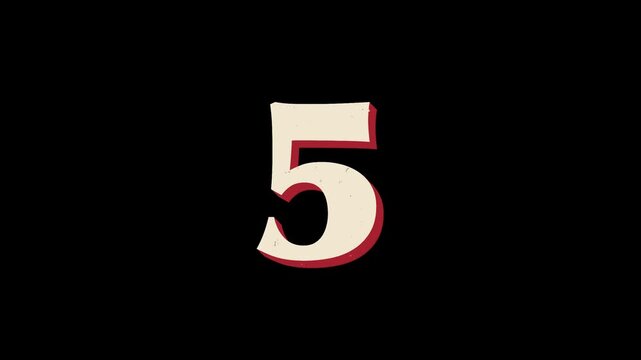 10-second vintage print-inspired countdown on black background with cream numbers, muted red offset shadow, subtle bouncing motion, and flickering grain texture.