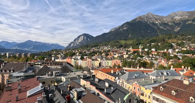 Innsbruck cityscape aerial view with the Alps mountains