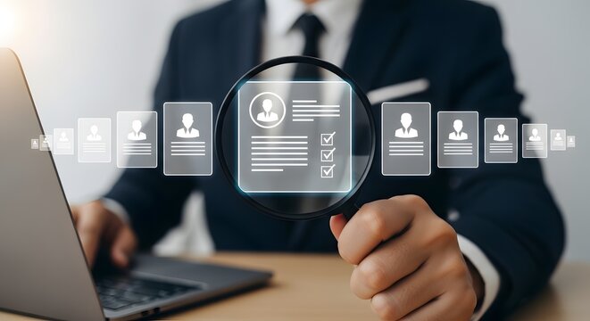 Human resources and recruitment concept. Businessman using magnifying glass to review holographic candidate profiles and resumes on laptop computer.