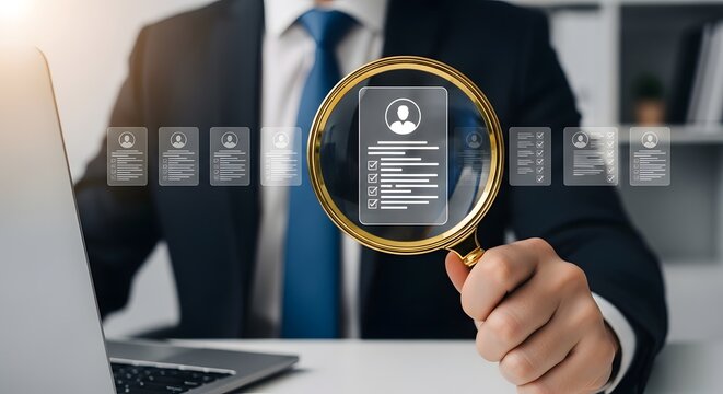 Human resources and recruitment strategy. Businessman using magnifying glass to review holographic candidate profiles and resumes on laptop computer for job placement.