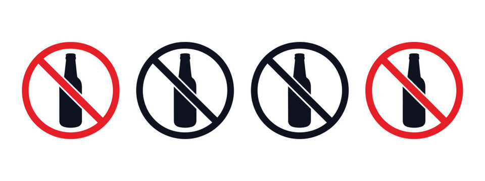 No alcohol vector icons set, prohibition circle symbol with crossed drink glass for no drinking warning and restriction design.