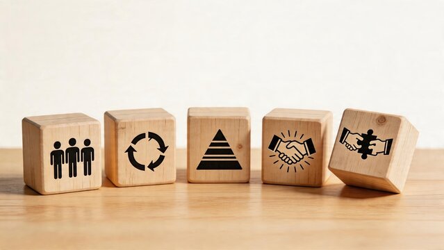 Business management concept wooden cube blocks with team work recycle pyramid handshake jigsaw puzzle symbols isolated on white strategy and cooperation