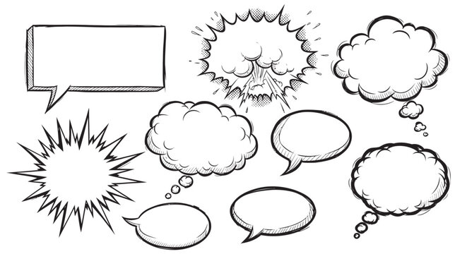 Collection of hand-drawn speech bubbles thought clouds explosion graphics