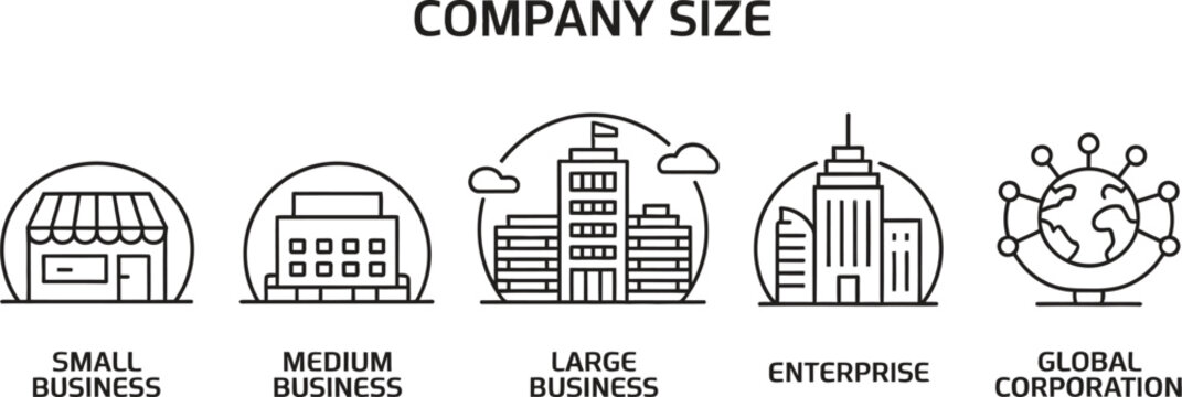 Company size line icons set showing small business medium business large business enterprise and global corporation categories with simple architectural symbols.