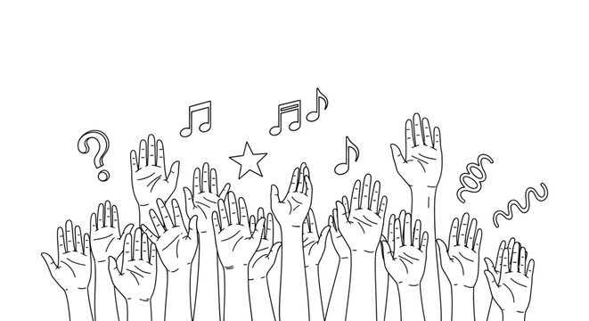 Raised hands with music notes star question mark question symbol, audience
