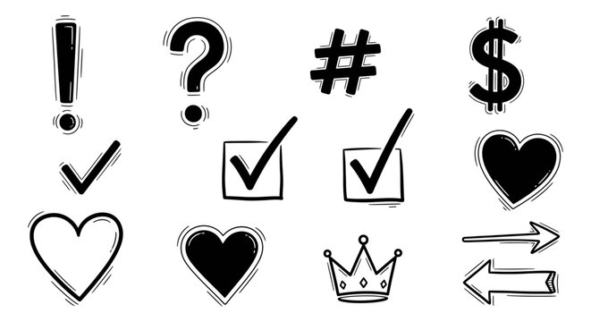 Hand-drawn grunge style common icon symbols set collection with exclamation mark