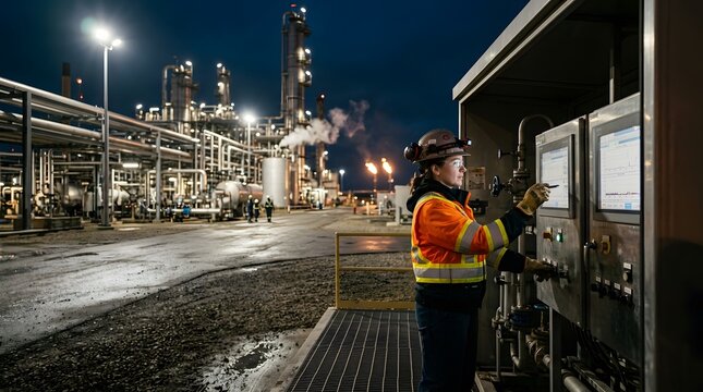 Night shift industrial worker operating machinery near refinery