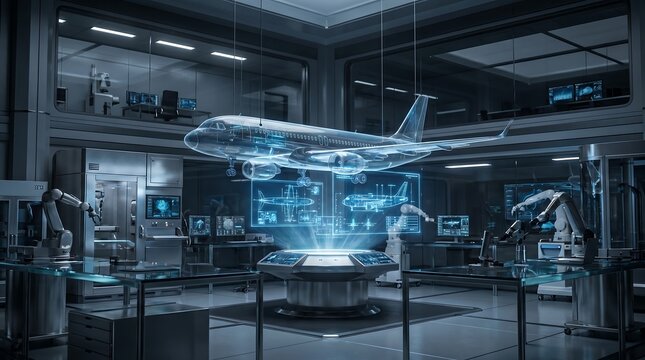 Futuristic Aerospace Lab with Holographic Aircraft Design and Robotic Automation