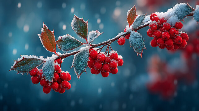Snow-covered branch with bright red rowan berries against a blue winter background bokeh