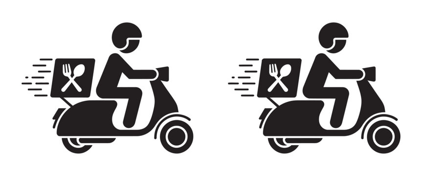 Motorcycle delivery person icon, scooter rider carrying package representing fast courier food delivery service logistics express shipping modern vector illustration