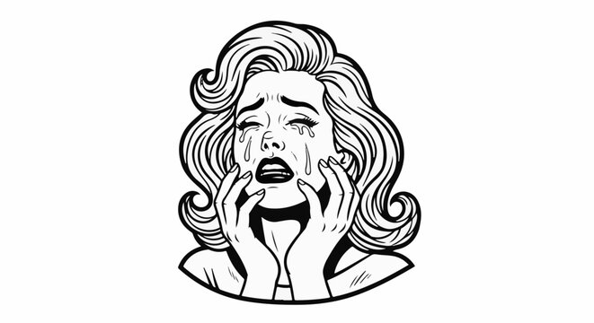 A stylized illustration depicts a woman in distress, crying heavily