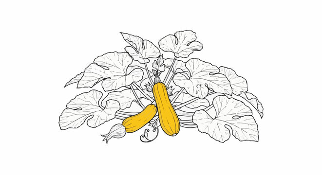 A stylized illustration of a squash plant with yellow fruit and green leaves