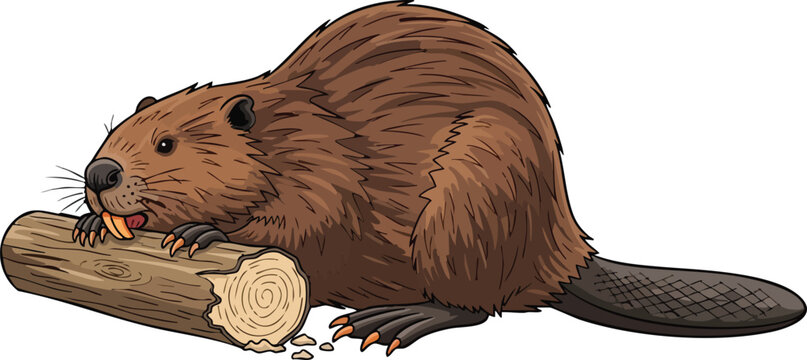 Illustration of a beaver gnawing on a tree log with wildlife engineer creature semiaquatic illustration stylized industry naturalist