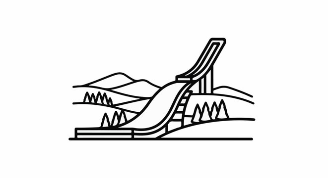 A stylized illustration of a tall waterslide amidst rolling hills and trees