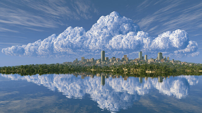 Floating cityscape above forest cloud reflection blue sky water reflection surreal landscape skyline urban horizon tree line dreamlike scene calm