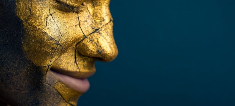 Confident Person Wearing Cracked Golden Mask, Symbolizing Illusion of Success and Hidden Emotional Struggles, Minimal Clean Background with Large Copy Space, Cinematic Soft Lighting