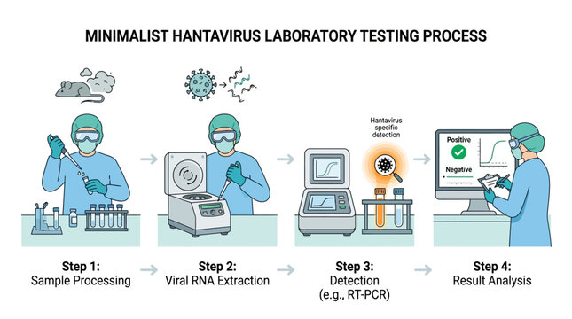 Laboratory testing process for viral disease detection illustrated with scientists performing sample processing, RNA extraction, detection, and result analysis in a medical research facility