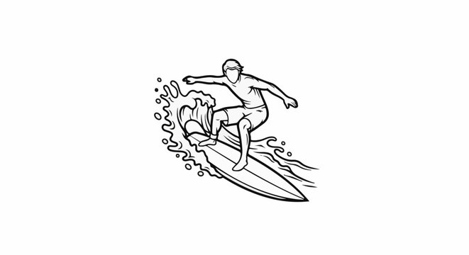 A surfer rides a wave, depicted in a simple black and white line drawing