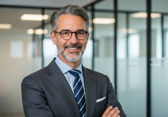 Fototapeta premium Middle-aged businessman with grey hair smiles confidently while standing in a modern office.