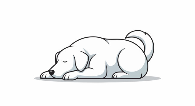 A white dog with black outlines sleeps peacefully on its side