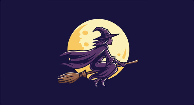 A witch with a pointed hat and flowing cape flies on a broomstick at night