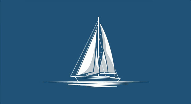 A white sailboat with full sails glides on a calm blue sea