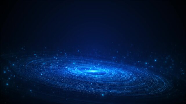 Blue digital particle vortex with glowing spiral floor, dark tech space, and floating light dots. Perfect for AI videos, cyber intros, software screens, data promos, and futuristic overlays.