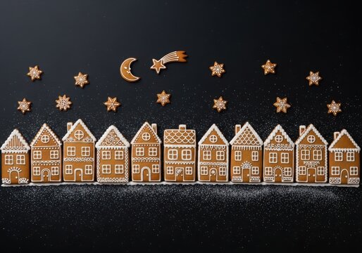 Gingerbread village and starry sky on black background