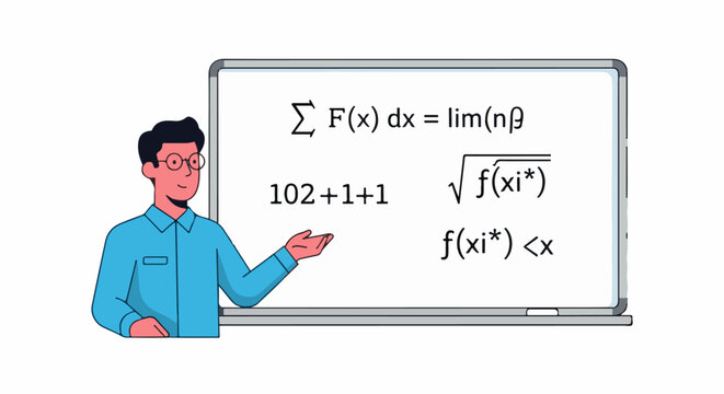 A teacher in blue shirt explains mathematical formulas on a whiteboard