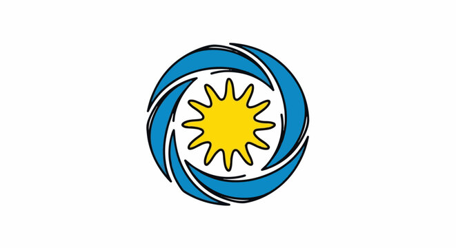 Abstract circular design with bright sun and blue swirling elements
