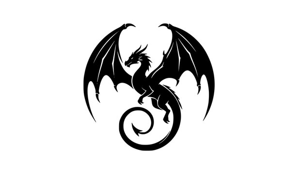 Flying dragon silhouette with bat wings and curled tail dynamic fantasy vector illustration isolated on white background