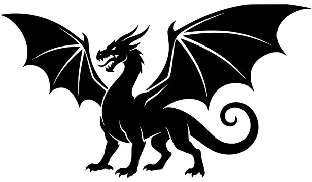 Black dragon silhouette with bat wings spread and curled tail fantasy creature vector isolated on white