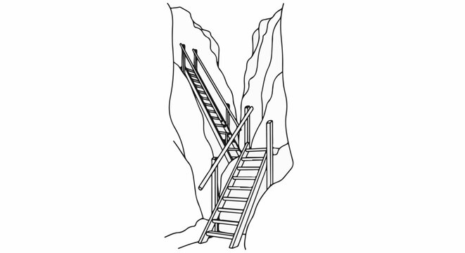 A wooden staircase ascends a narrow, rocky chasm, offering a challenging path