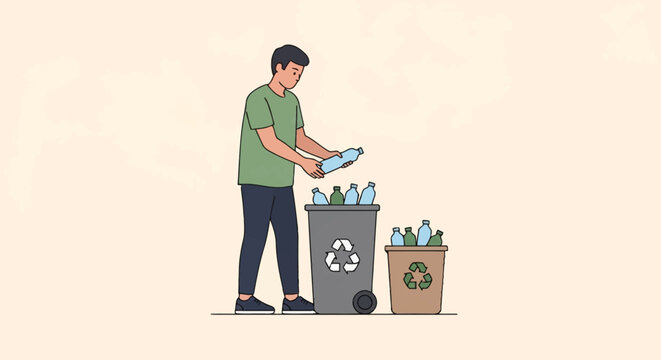 Vector illustration of a young man recycling plastic water bottles into grey and brown bins with recycling logos, highlighting waste management and environmental protection.