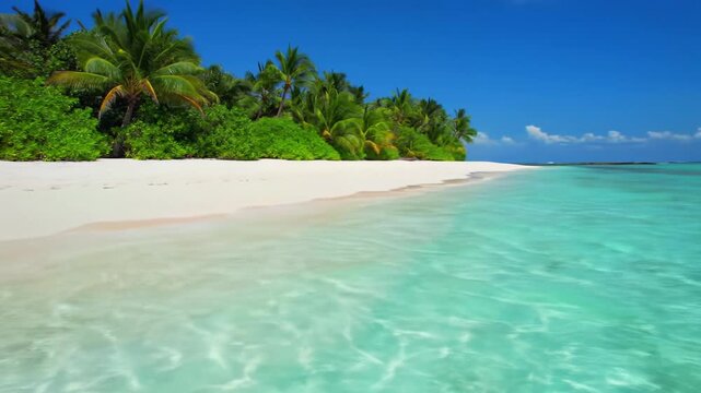 A wide establishing video of a pristine tropical beach with powdery white sand, vivid turquoise ocean, and lush green palm trees under a vibrant blue sky. Concept of untouched natural beauty