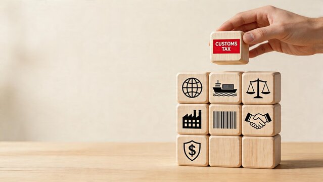 Business man stacking wooden blocks to build a tower with international trade and custom tax icon concept of global logistics import export economy policy