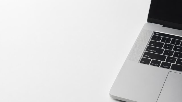Modern silver laptop computer keyboard resting flat upon blank white workspace.