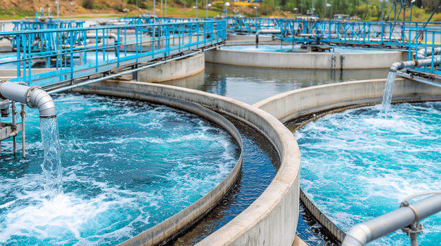 Water treatment plant circular tank industrial wastewater purification blue aeration basin modern sewage facility clean liquid process metal