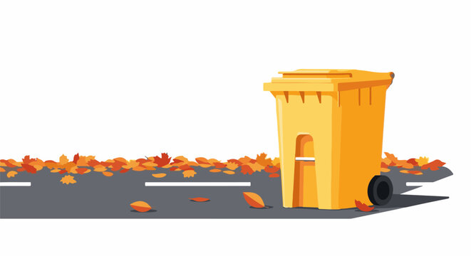 A yellow trash bin sits on a street covered with fallen autumn leaves