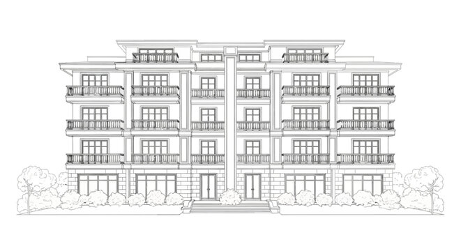Architectural drawing of a modern apartment building exterior with balconies and trees, elevation view