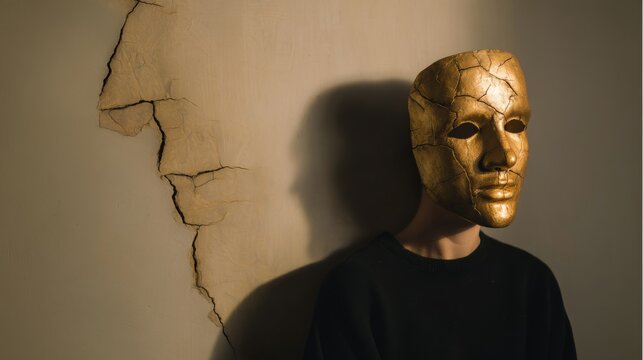 Confident Person Wearing Cracked Golden Mask, Symbolizing Illusion of Success and Hidden Emotional Struggles, Minimal Clean Background with Large Copy Space, Cinematic Soft Lighting