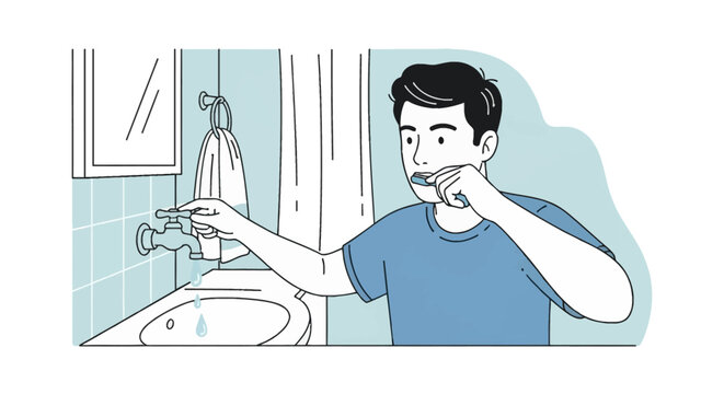 Line art illustration of a man brushing his teeth while turning off a dripping water tap over a sink to conserve water, featuring a bathroom mirror, towel, and shower curtain.